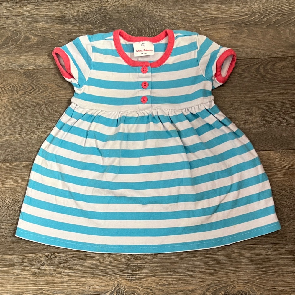 Hanna Andersson Blue and White Striped Dress with Pink Trim